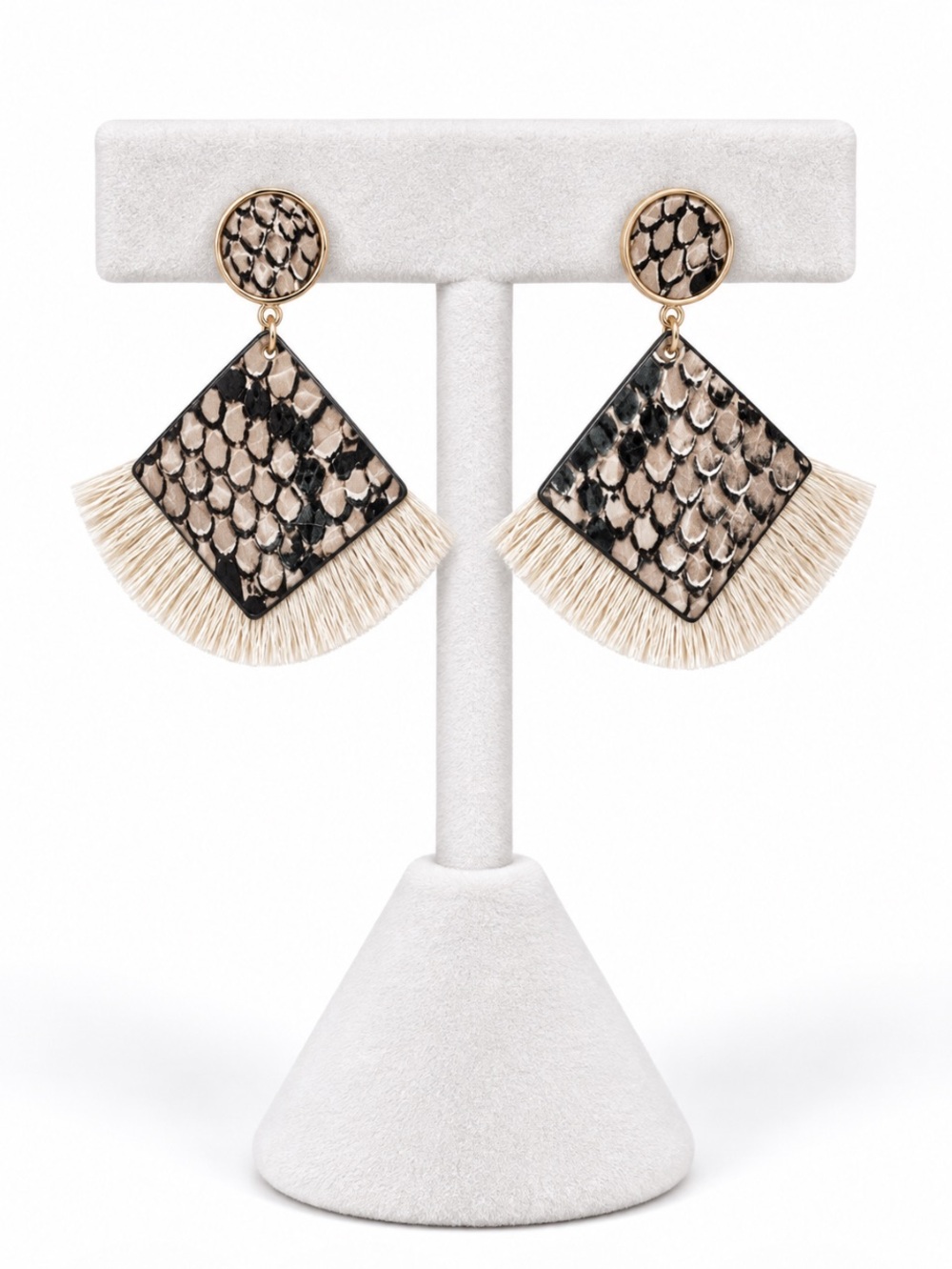 Boho Snakeskin Print Geometric Fringe Statement Earrings